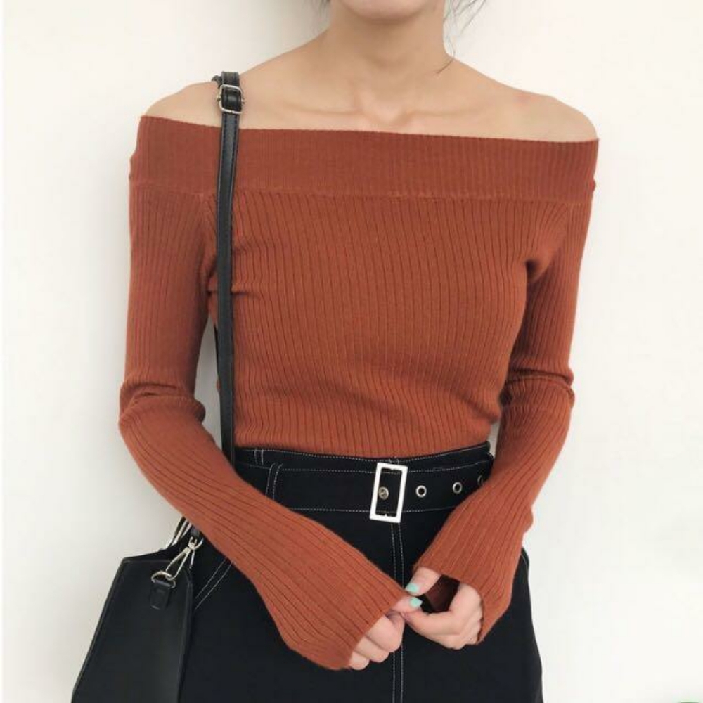 Yesstyle Orange/Red Off-Shoulder Long Sleeve